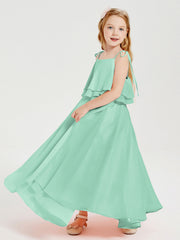 Abiti Damigella Junior Lunghi In Chiffon Spalline Sottili Con Fiocco Verde Menta