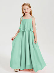 Abiti Damigella Junior Lunghi In Chiffon Spalline Sottili Con Fiocco Verde Menta