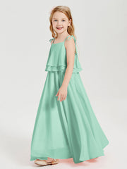 Abiti Damigella Junior Lunghi In Chiffon Spalline Sottili Con Fiocco Verde Menta
