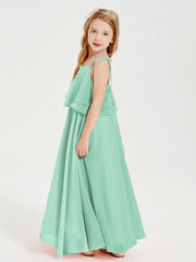 Abiti Damigella Junior Lunghi In Chiffon Spalline Sottili Con Fiocco Verde Menta