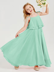 Abiti Damigella Junior Lunghi In Chiffon Spalline Sottili Con Fiocco Verde Menta