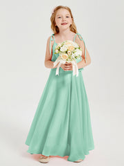 Abiti Damigella Junior Lunghi In Chiffon Spalline Sottili Con Fiocco Verde Menta