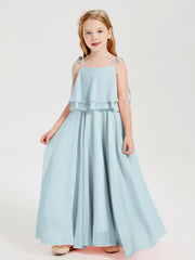 Abiti Damigella Junior Lunghi In Chiffon Spalline Sottili Con Fiocco Nebbia