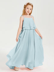 Abiti Damigella Junior Lunghi In Chiffon Spalline Sottili Con Fiocco Nebbia