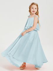Abiti Damigella Junior Lunghi In Chiffon Spalline Sottili Con Fiocco Nebbia
