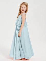 Abiti Damigella Junior Lunghi In Chiffon Spalline Sottili Con Fiocco Nebbia