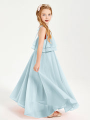 Abiti Damigella Junior Lunghi In Chiffon Spalline Sottili Con Fiocco Nebbia