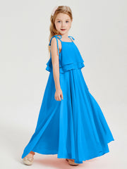 Abiti Damigella Junior Lunghi In Chiffon Spalline Sottili Con Fiocco Blu Oceano