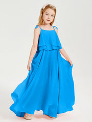 Abiti Damigella Junior Lunghi In Chiffon Spalline Sottili Con Fiocco Blu Oceano