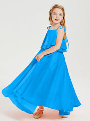 Abiti Damigella Junior Lunghi In Chiffon Spalline Sottili Con Fiocco Blu Oceano