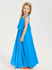 Abiti Damigella Junior Lunghi In Chiffon Spalline Sottili Con Fiocco Blu Oceano
