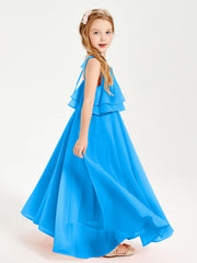 Abiti Damigella Junior Lunghi In Chiffon Spalline Sottili Con Fiocco Blu Oceano