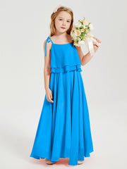 Abiti Damigella Junior Lunghi In Chiffon Spalline Sottili Con Fiocco Blu Oceano