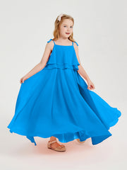 Abiti Damigella Junior Lunghi In Chiffon Spalline Sottili Con Fiocco Blu Oceano