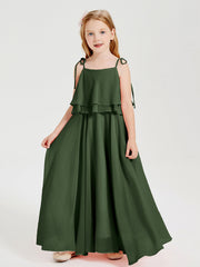 Abiti Damigella Junior Lunghi In Chiffon Spalline Sottili Con Fiocco Verde Oliva