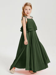 Abiti Damigella Junior Lunghi In Chiffon Spalline Sottili Con Fiocco Verde Oliva