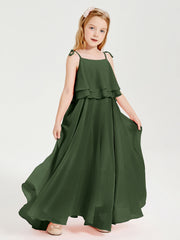 Abiti Damigella Junior Lunghi In Chiffon Spalline Sottili Con Fiocco Verde Oliva