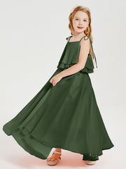 Abiti Damigella Junior Lunghi In Chiffon Spalline Sottili Con Fiocco Verde Oliva