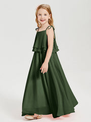 Abiti Damigella Junior Lunghi In Chiffon Spalline Sottili Con Fiocco Verde Oliva