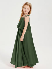 Abiti Damigella Junior Lunghi In Chiffon Spalline Sottili Con Fiocco Verde Oliva