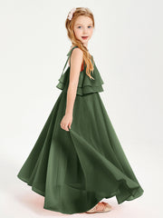 Abiti Damigella Junior Lunghi In Chiffon Spalline Sottili Con Fiocco Verde Oliva