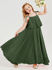 Abiti Damigella Junior Lunghi In Chiffon Spalline Sottili Con Fiocco Verde Oliva