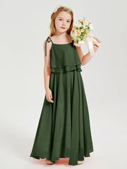 Abiti Damigella Junior Lunghi In Chiffon Spalline Sottili Con Fiocco Verde Oliva