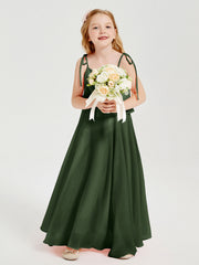 Abiti Damigella Junior Lunghi In Chiffon Spalline Sottili Con Fiocco Verde Oliva