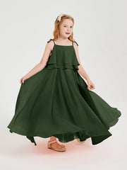 Abiti Damigella Junior Lunghi In Chiffon Spalline Sottili Con Fiocco Verde Oliva