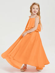 Abiti Damigella Junior Lunghi In Chiffon Spalline Sottili Con Fiocco Arancio