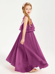 Abiti Damigella Junior Lunghi In Chiffon Spalline Sottili Con Fiocco Orchidea