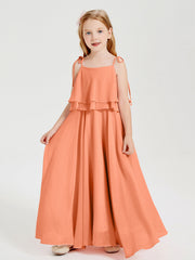 Abiti Damigella Junior Lunghi In Chiffon Spalline Sottili Con Fiocco Papaia