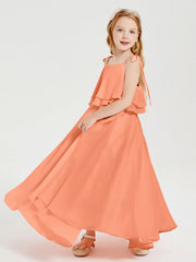 Abiti Damigella Junior Lunghi In Chiffon Spalline Sottili Con Fiocco Papaia