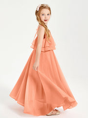 Abiti Damigella Junior Lunghi In Chiffon Spalline Sottili Con Fiocco Papaia