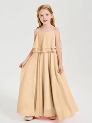 Abiti Damigella Junior Lunghi In Chiffon Spalline Sottili Con Fiocco Pesca