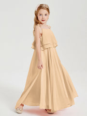 Abiti Damigella Junior Lunghi In Chiffon Spalline Sottili Con Fiocco Pesca