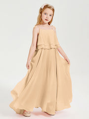 Abiti Damigella Junior Lunghi In Chiffon Spalline Sottili Con Fiocco Pesca