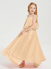 Abiti Damigella Junior Lunghi In Chiffon Spalline Sottili Con Fiocco Pesca