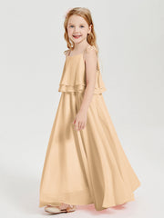 Abiti Damigella Junior Lunghi In Chiffon Spalline Sottili Con Fiocco Pesca