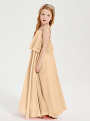 Abiti Damigella Junior Lunghi In Chiffon Spalline Sottili Con Fiocco Pesca
