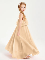 Abiti Damigella Junior Lunghi In Chiffon Spalline Sottili Con Fiocco Pesca