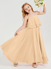 Abiti Damigella Junior Lunghi In Chiffon Spalline Sottili Con Fiocco Pesca