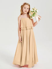Abiti Damigella Junior Lunghi In Chiffon Spalline Sottili Con Fiocco Pesca