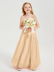 Abiti Damigella Junior Lunghi In Chiffon Spalline Sottili Con Fiocco Pesca