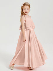 Abiti Damigella Junior Lunghi In Chiffon Spalline Sottili Con Fiocco Rosa Perlato