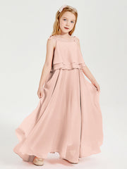 Abiti Damigella Junior Lunghi In Chiffon Spalline Sottili Con Fiocco Rosa Perlato