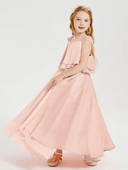 Abiti Damigella Junior Lunghi In Chiffon Spalline Sottili Con Fiocco Rosa Perlato