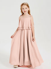 Abiti Damigella Junior Lunghi In Chiffon Spalline Sottili Con Fiocco Rosa Perlato