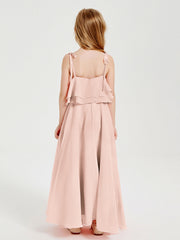 Abiti Damigella Junior Lunghi In Chiffon Spalline Sottili Con Fiocco Rosa Perlato