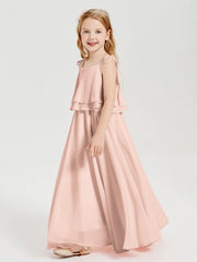 Abiti Damigella Junior Lunghi In Chiffon Spalline Sottili Con Fiocco Rosa Perlato